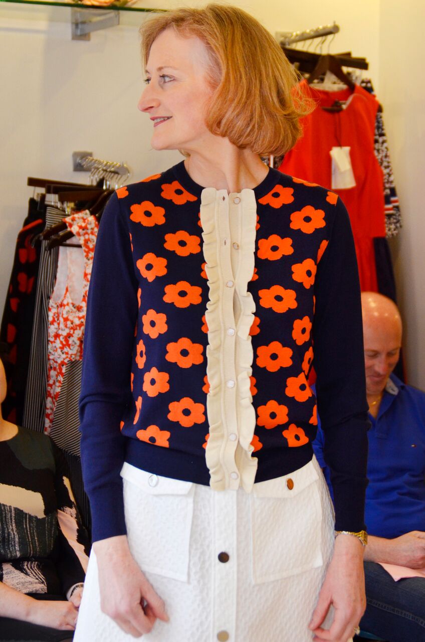 Orla Kiely Cardigan and White Skirt